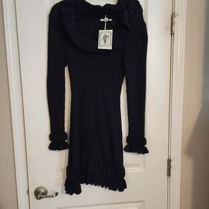 Black Sweater Dress with ruffle collar and sleeve